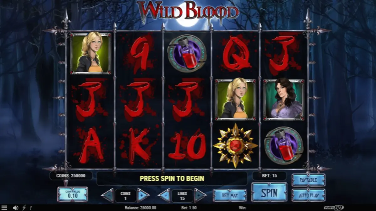 Tampilan visual slot Wild Blood dengan tema gothic dan simbol vampir yang elegan.